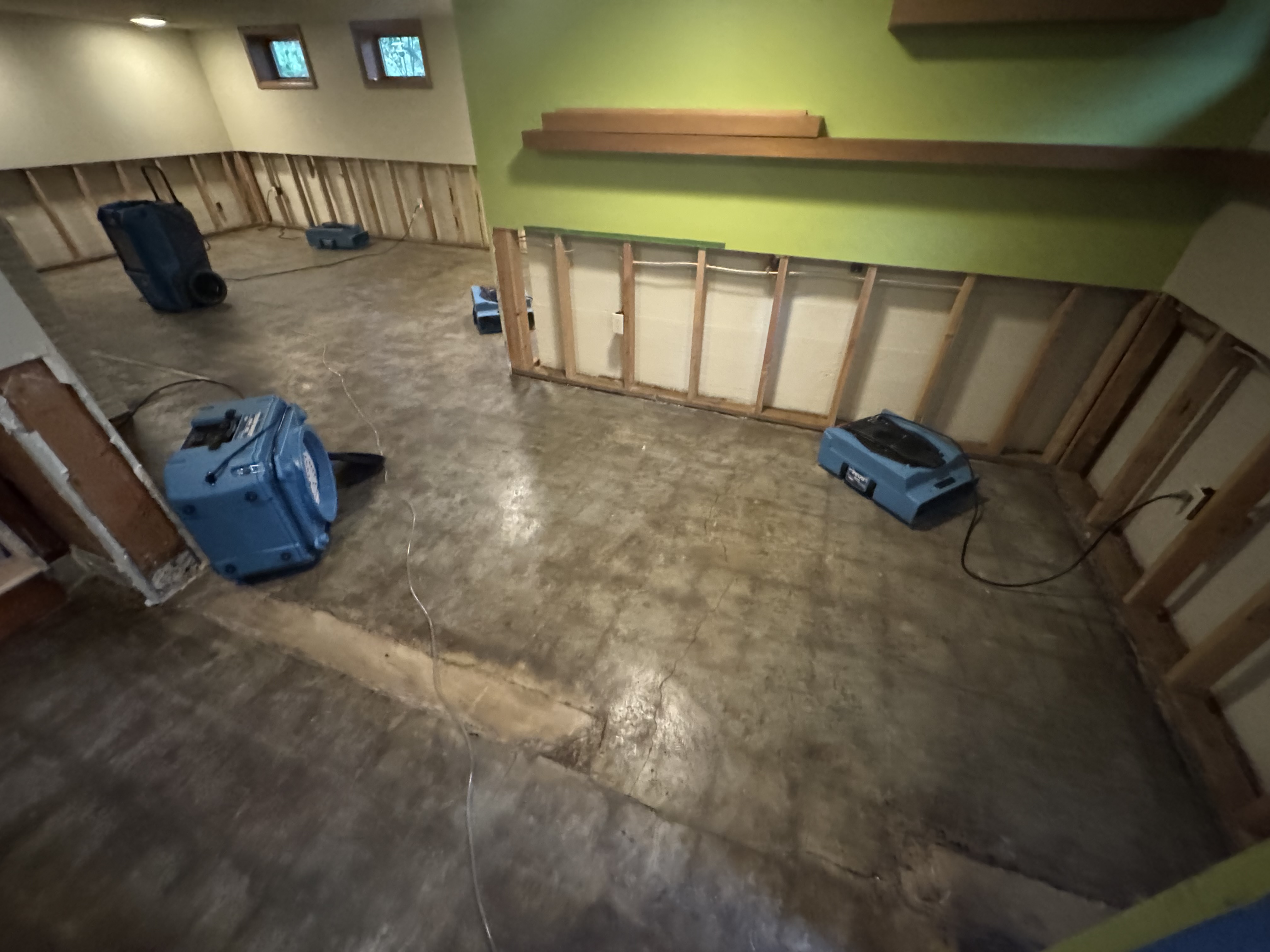 Basement restoration with exposed wall studs and drying equipment